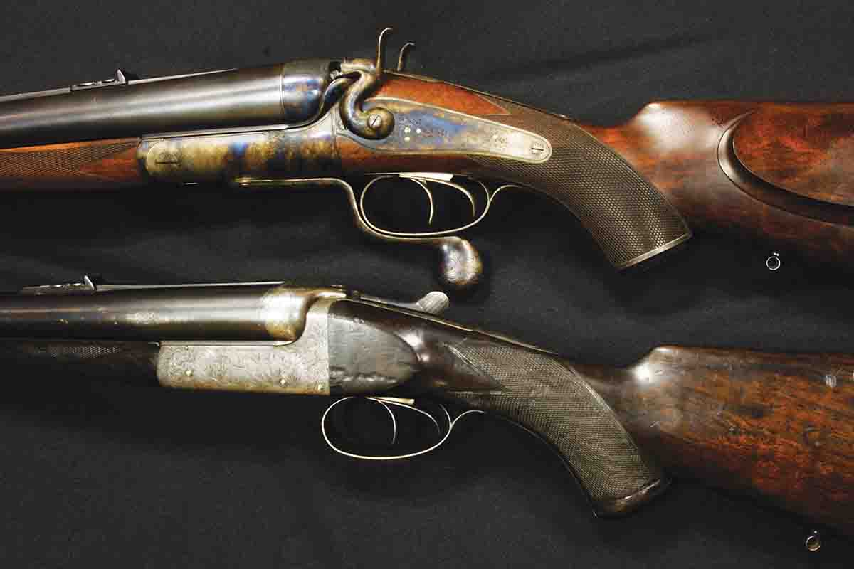 An Army & Navy eight-bore double rifle sits above a Charles Boswell .500 Nitro Express once owned by J.A. Hunter, the famous professional. The Jones underlever remained popular for use on such huge rifles until the 1920s. The Boswell has  a Greener crossbolt and sideclips, semi-circular extensions on the sides of the standing breech that prevented lateral movement of the barrels on firing.